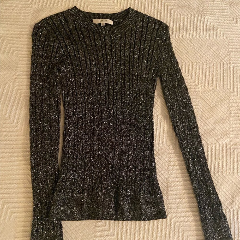 Milly Metallic Cable Knit Stretch Sweater